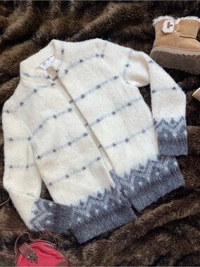 Iceware Iceland Vintage 100% Pure New Wool Cardigan Sweater Fair Isle Cream XS